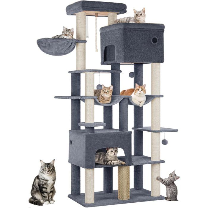 Meilleurs prix pour Arbre à Chat Grand Tour à Chat de 200 cm de Haut avec 10 Griffoirs 2 Plateformes Géantes 2 Niches 2 Hamacs PomponsGris Foncé