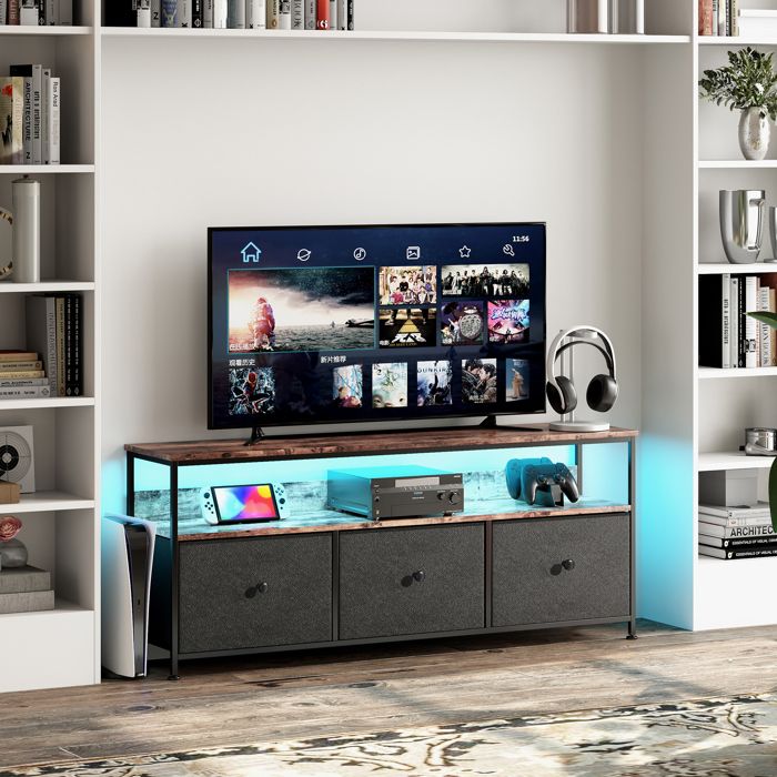 Meuble TV Noir Armoire TV Bas  avec Eclairage LED 3 Tiroirs Compartiments Armoire TVRangement Pratique137x30x57cm
