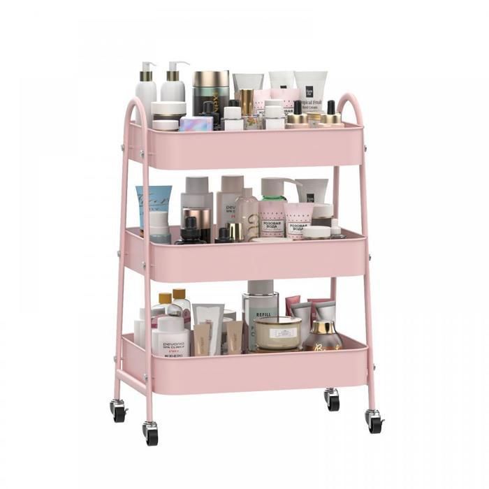 Chariot de Rangement à Roulettes - Desserte de Cuisine à 3 Niveaux - Multifonctionnel - 43x30x76 5 cm - Rose