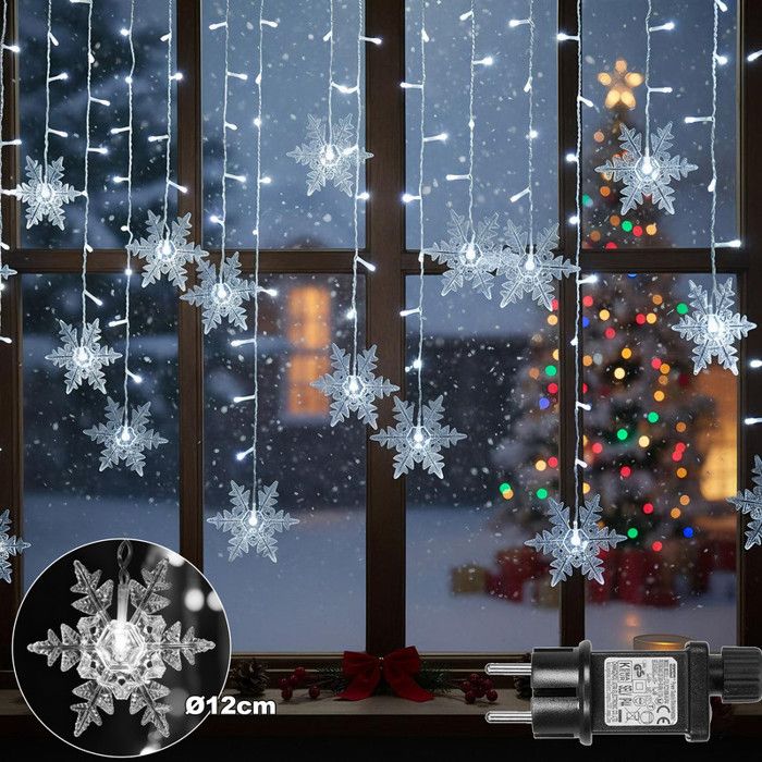 Guirlande LED Flocons De Neige - 4 Mètres, 96 LED Blanc Chaud - Étanche IP44 - Avec Minuterie - Décoration Noël Intérieur/extérieur