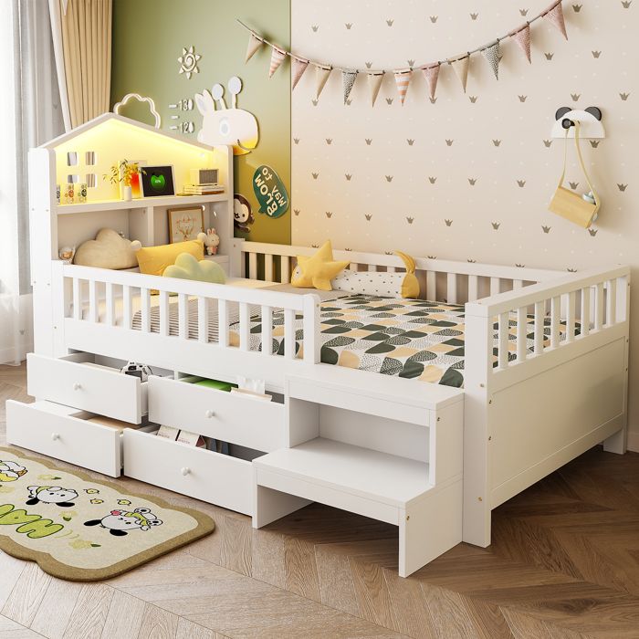 Lit enfant 90x200 cm en bois massif blanc avec 4 tiroirs tête maison à LED ports USB et Type-C