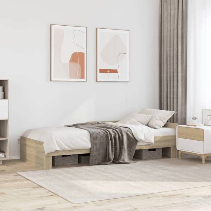Structure de lit chêne sonoma - UU - 90x190 cm - Bois dingénierie - Sommier à lattes - Barrières de sécurité