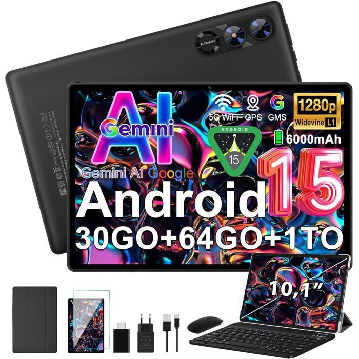 Tablette Pc Android 12, 10,1 Pouces 1080P Ips Hd, 6 Go De Ram 128 Go De