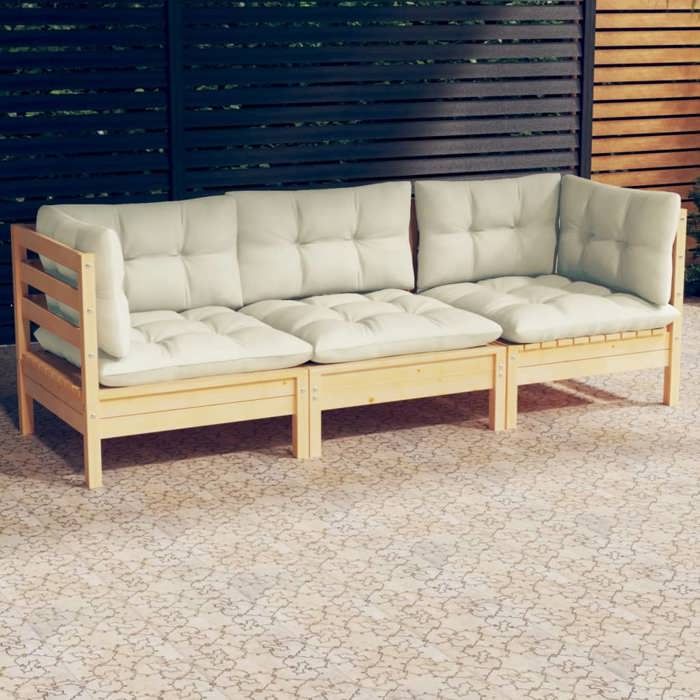 (SOLDES Nouvelle année)Classique Canapé 3 places de jardin et coussins crème - Bois de pin solide FR26_06400322 (SOLDES Nouvelle année)Classique Canapé 3 places de jardin et coussins crème - Bois de pin solide FR26_06400322