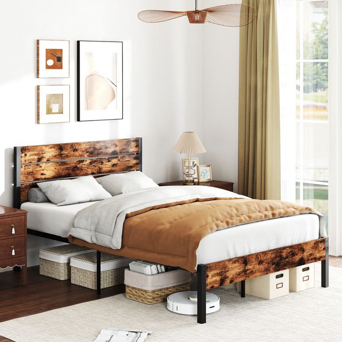 GIANTEX Cadre de Lit Double 12 Lattes Métalliques Pas de Sommier Nécessaire Charge 500 kg Style Industriel 200x140x100 5cm GIANTEX Cadre de Lit Double 12 Lattes Métalliques Pas de Sommier Nécessaire Charge 500 kg Style Industriel 200x140x100 5cm