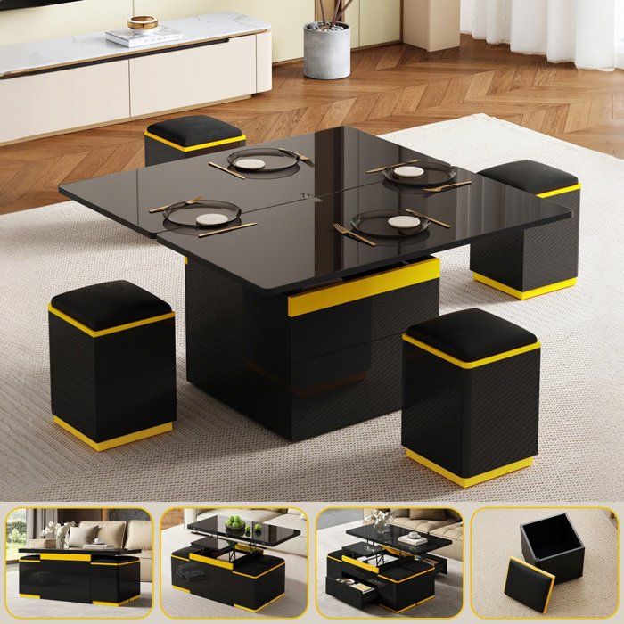 Table Basse Relevable Extensible avec Pouf Encastrable Table de Salon Noir Laque Brillant Moderne 4 en 1 avec Tiroir et Rangement