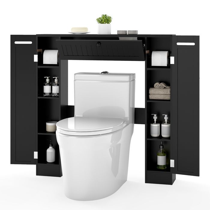 GIANTEX Meuble Dessus Toilettes WC- 3 Portes- 7 Compartiments- 2 Support-Papier- 2 Étagères Réglables- Colonne Salle de Bain- Noir GIANTEX Meuble Dessus Toilettes WC- 3 Portes- 7 Compartiments- 2 Support-Papier- 2 Étagères Réglables- Colonne Salle de Bain- Noir