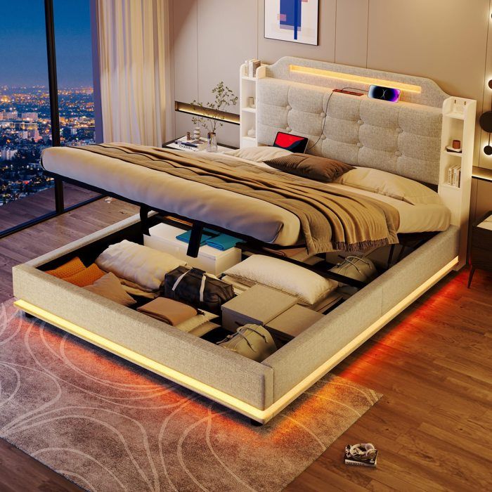 Lit capitonné lit coffre lit double 140x200 cm avec bande lumineuse LED rangement hydraulique sans matelas USB+Type-C lin beige
