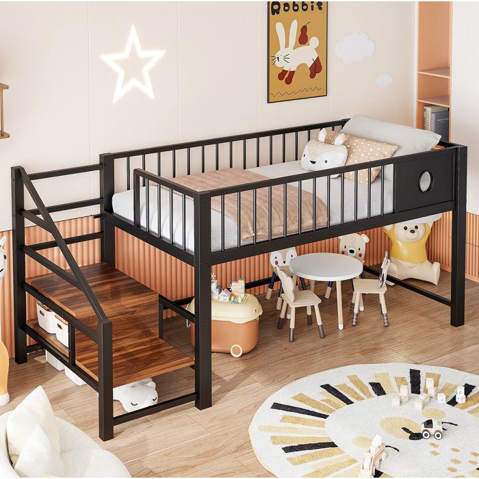 MEUBLIV Lit mezzanine bas pour enfant 90x200cm avec escalier de rangement métal noir