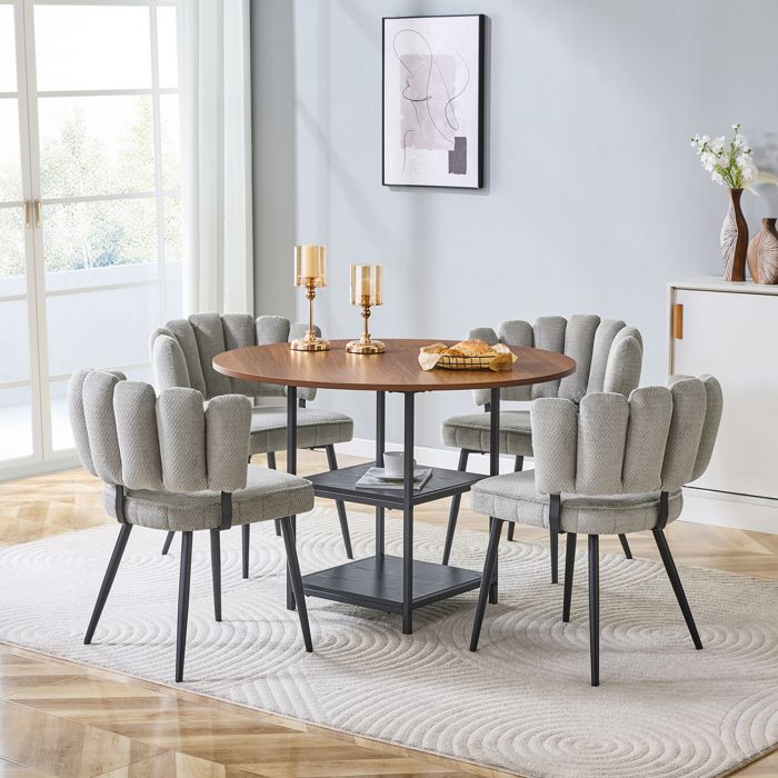 Ensemble table et chaises - Table ronde 107 cm - Double niveau de rangement - 4 chaises dossier fleur - Gris Noyer
