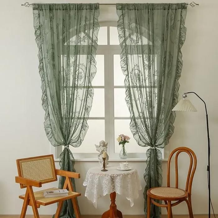 Rideaux en dentelle - Brodés de fleurs avec volants - Vert olive - 2 pièces - 140 x 100 cm
