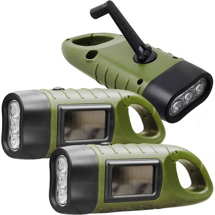 Lampe de poche à manivelle rechargeable - ESTAMPILLE - 3 pièces - LED - Recharge solaire - Manivelle - Imperméable
