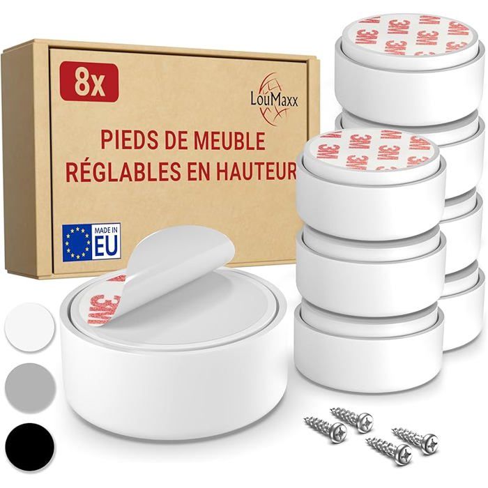 Pied de Meuble Réglable Blanc u2013 Lot de 8 Pieds pour Meuble Ø 55 5 mm u2013 Rehausseur de Meuble à Blanc 8 8 PIED DE TABLE