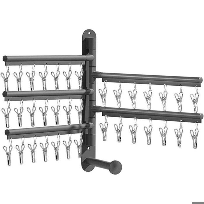 Séchoir mural à chaussettes - PZCC - 35 pinces - Coupe-vent - Rotatif à 180° - Aluminium robuste