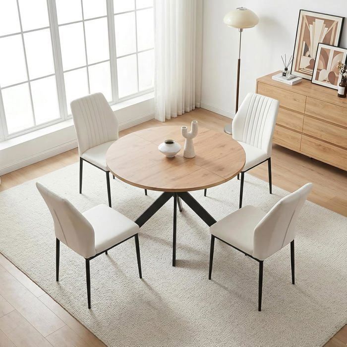 JIEXI Ensemble table de salle à manger ronde et 4 beige PU chaises plateau en MDF avec base en métal