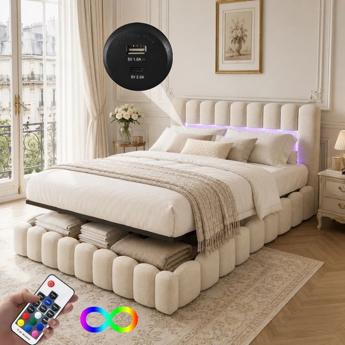 Lit coffre 180x200 cm avec LED et USB - Lit double rembourré avec rangement hydraulique et sommier à lattes - Beige Lin