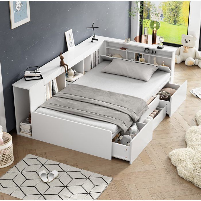 Lit combiné enfant avec 4 tiroirs et bibliothèque - TCQPZ - rangements intégrés en MDF blanc 90 × 200 cm