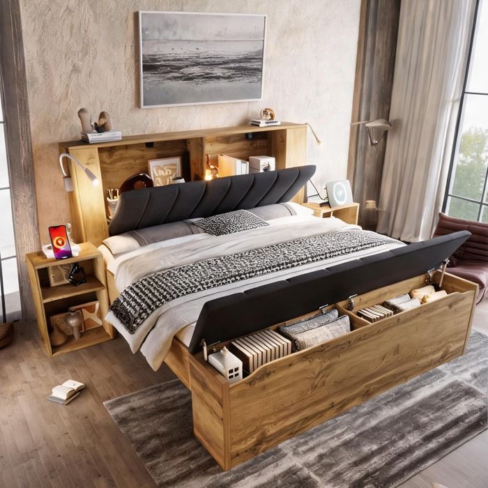 Lit double 160x200 cm en bois chêne avec tête de lit relevable en lin coffre chevets et banquette de rangement