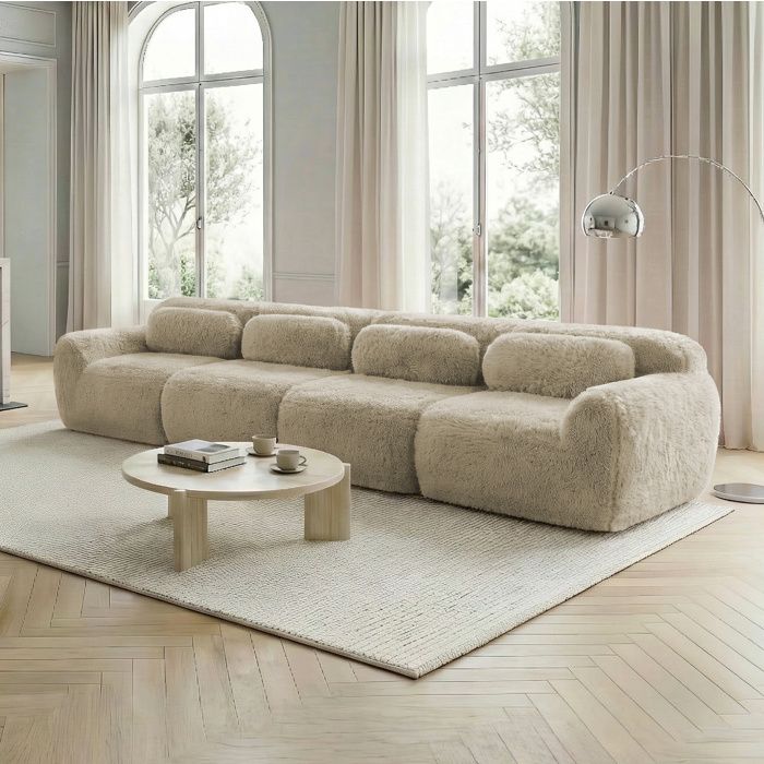 SENVIRO canapé 4 places en tissu pelucheux khaki clair
