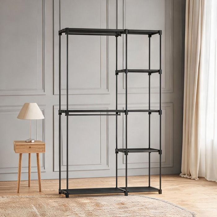 Armoire en tissu et acier noir mat avec penderie et étagères 111x43x185 cm chambre