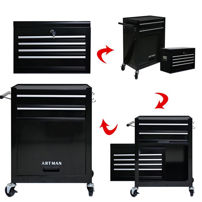 WOVREO Servante datelier en acier 6 tiroirs amovible sur roulettes avec meuble bas noir
