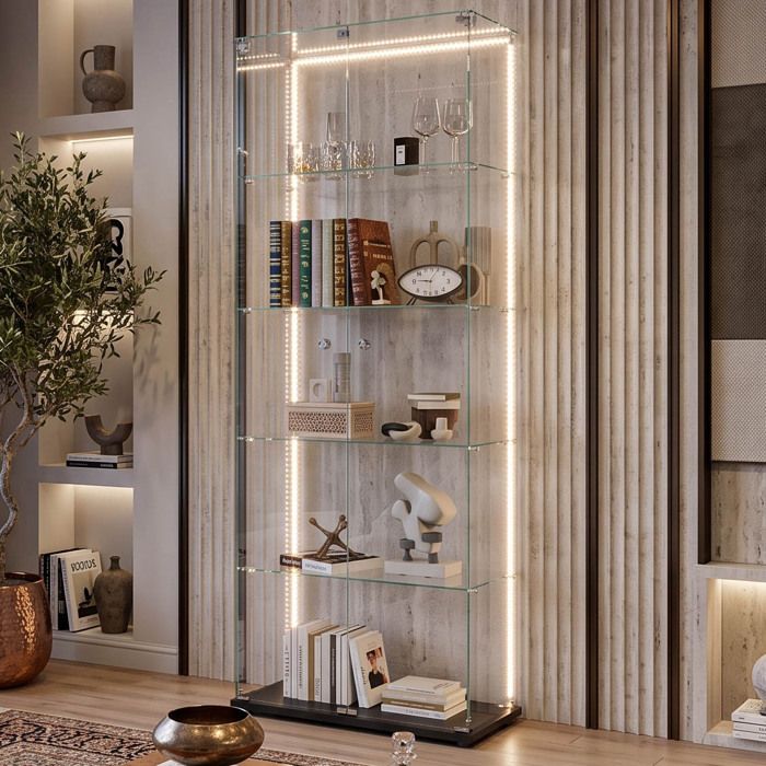 Vitrine en Verre - 80x36.5x183cm - Éclairage LED Réglable & 5 Étagères Robustes en Verre Trempé avec Serrure - Meuble Noir Élégant