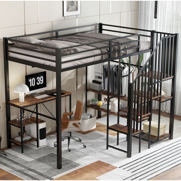 COVREO Lit mezzanine 120x200 cm en métal et MDF avec bureau étagères penderie ouverte et escalier d’angle