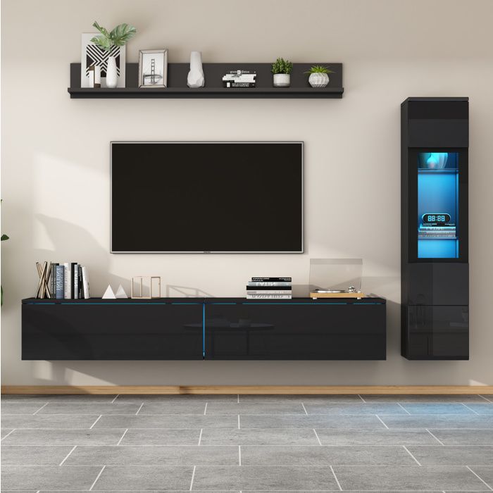 ROVRYN Ensemble mural TV 3 pièces noir brillant avec LED RGB meuble TV 180 cm vitrine et étagère