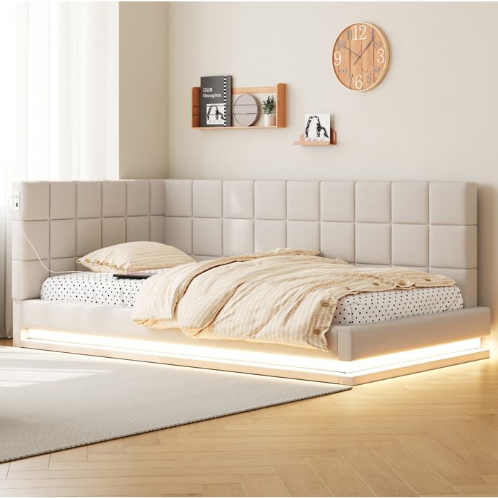Modenuit Lit rembourré 90 x 200 cm convertible canapé-lit avec LED USB sommier à lattes lin beige