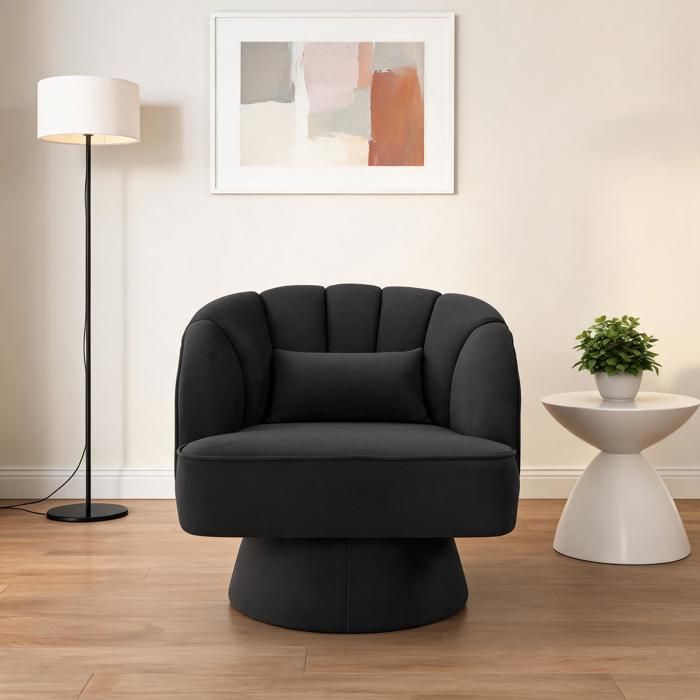 Fauteuil pivotant 360° – Velours – Dossier rayé – Coussin moelleux – Lounge mid-century – Salon chambre bureau - Noir