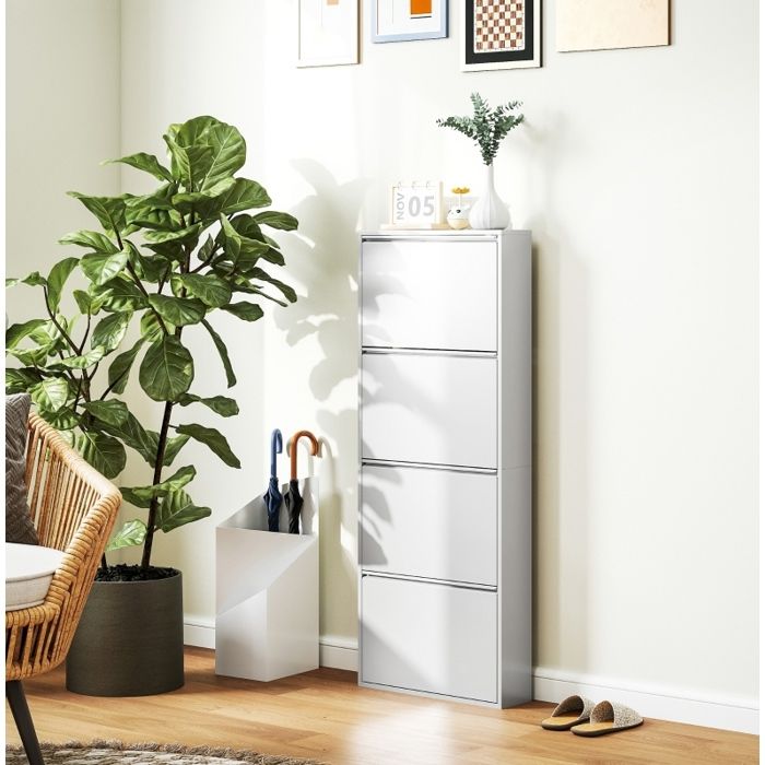 Meuble A Chaussures Metal Blanc Rangement A Chaussures FloraGrace Pour Entree Ou Couloir Fixation Murale 55x15x1395cm