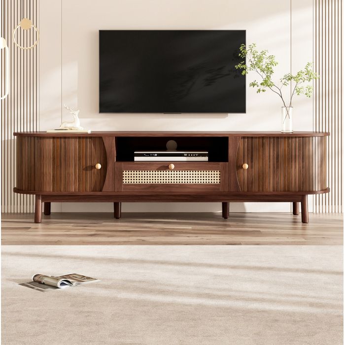 Meuble TV MDF Noyer 165 cm Banc TV Rotin Campagne FloraGrace Pour Salon Rangement Ouvert Et Ferme 165x37x46cm