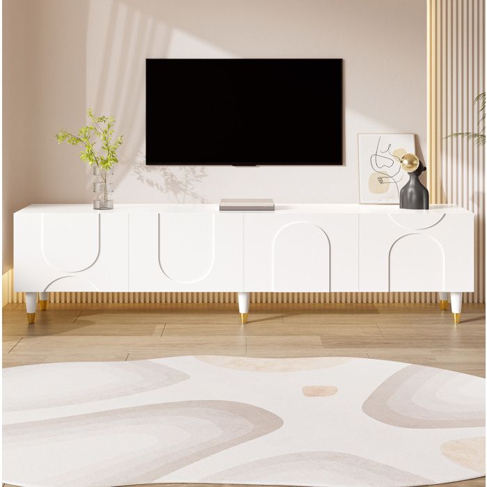 WUVRIE Meuble TV 180 cm blanc 4 portes à relief asymétrique rangement avec passe-câbles