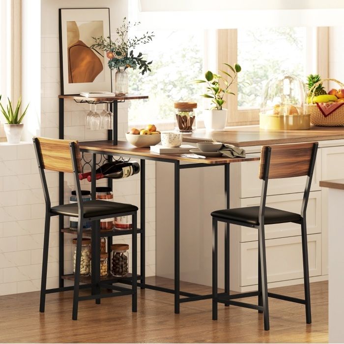 Ensemble table et chaises de bar avec 1 table haute extensible et 2 tabourets - BEAUNIV - range-bouteilles - MDF et métal - marron