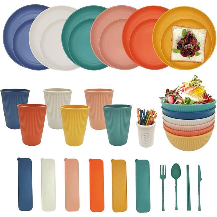 Set vaisselle de camping 67 pièces sans BPA pour 6 personnes ensemble multicolore réutilisable pour pique-nique