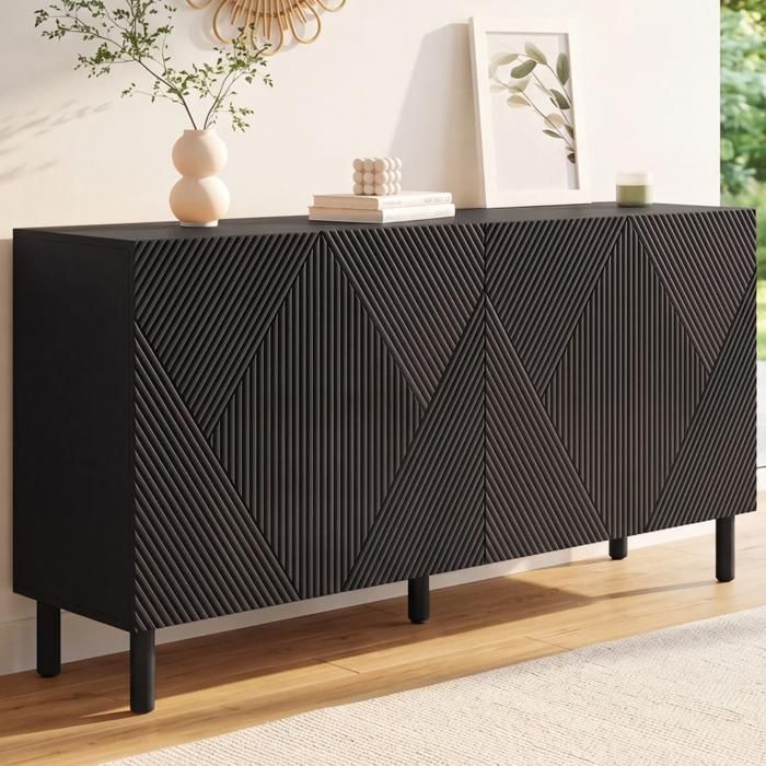 IDMARKET Buffet 160 cm HIMARA 4 portes lattes géométriques bois noir