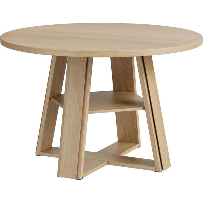 Table de salle à manger ronde-avec pied central en bois robusteétagère de rangement intégrée2 à 4 couverts-couleur naturel