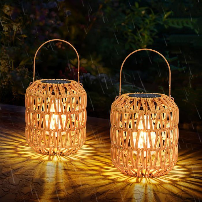 Lanternes solaires pour lextérieur - Lot de 2 lampes de jardin en rotin tressé étanches à suspendre pour décoration et cadeau
