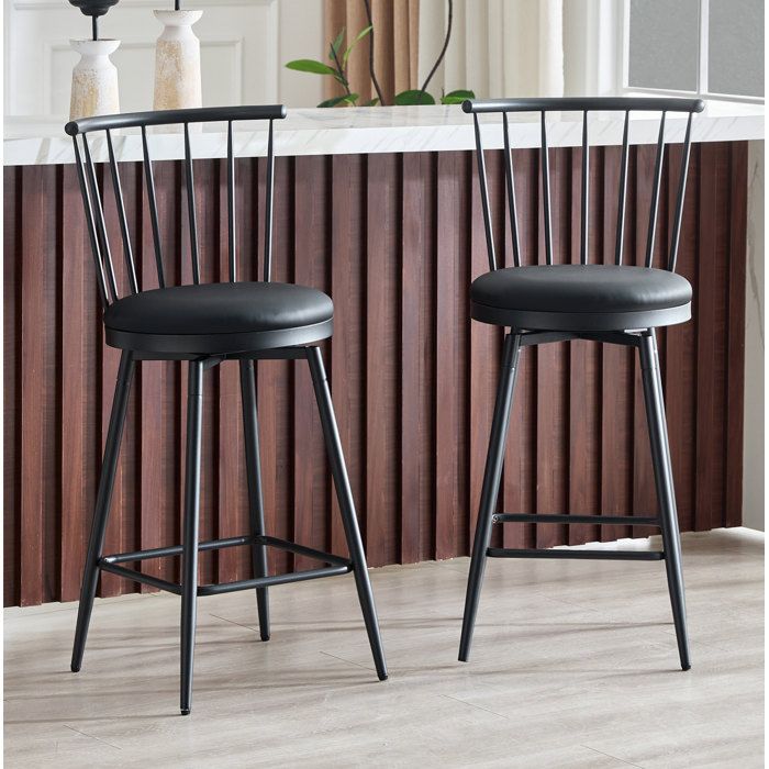 Lot de 2 tabourets de bar Windsor en métal noir assise rembourrée en simili cuir PU style industriel