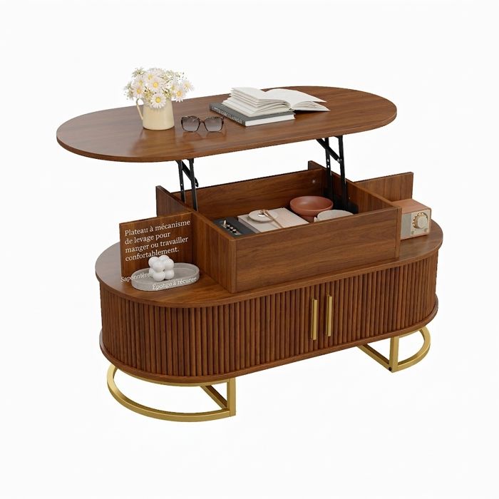 Table basse relevable ovale avec rangement caché portes coulissantes MDF couleur noyer