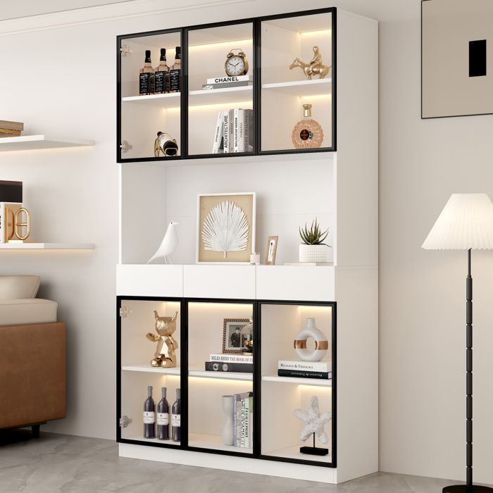200 cm armoire vitrée LED 6 portes 3 tiroirs meuble de rangement et dexposition pour salon bureau ou chambre