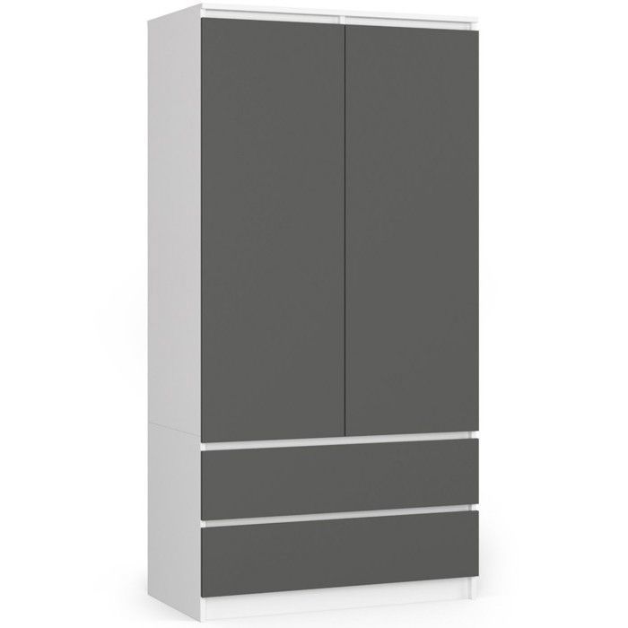Armoire AKORD S90 Blanche 90 cm 2 portes 2 tiroirs façade Gris Graphite 4 étagères 90x51x180 cm Armoire AKORD S90 Blanche 90 cm 2 portes 2 tiroirs façade Gris Graphite 4 étagères 90x51x180 cm