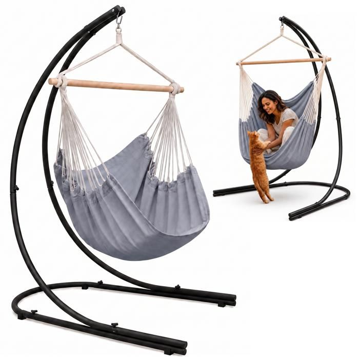 AMANKA Support Hamac 210cm avec Chaise Suspendu XXL Fauteuil Pivotant 360° SKU: 15989-019 AMANKA Support Hamac 210cm avec Chaise Suspendu XXL Fauteuil Pivotant 360° SKU: 15989-019