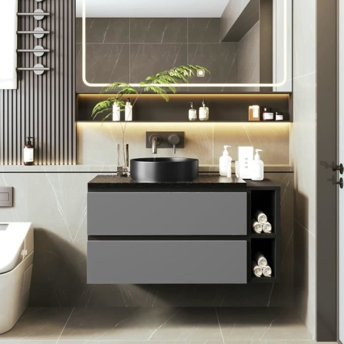Meuble sous lavabo - Style moderne - Largeur 80 cm - Évier céramique rond - 2 tiroirs