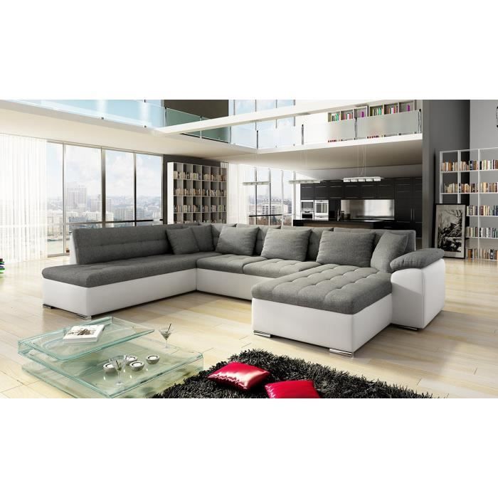 Canapé Dangle Panoramique En Tissu Et Simili Gris Et Blanc Avec Méridienne