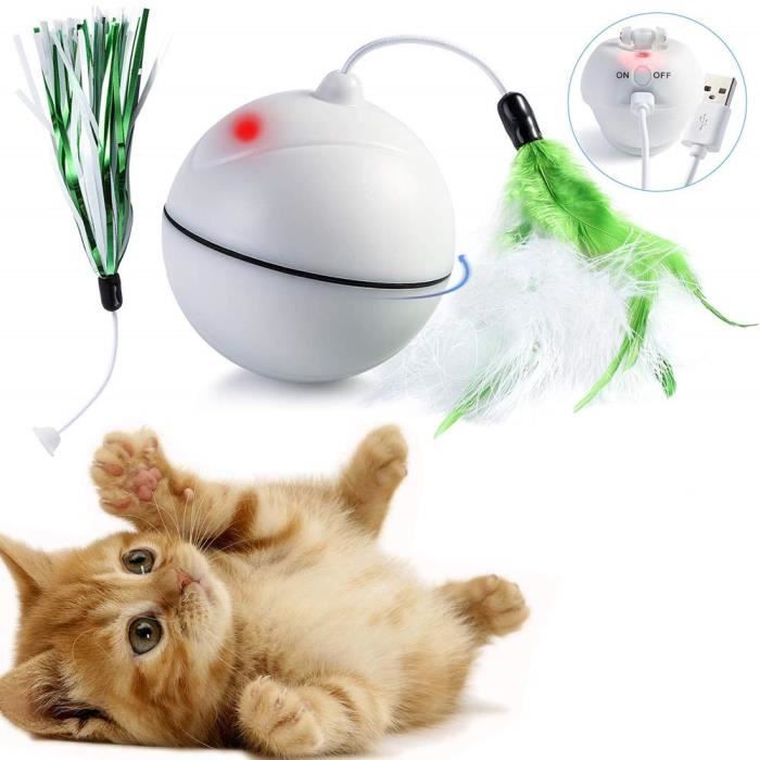 Jouet Chat Balle, Chargement USB, Chaton Jouet d'exercice, Boule Auto-rotative à 360 degrés Rotatif, Plume Détachable pour (Blanc)