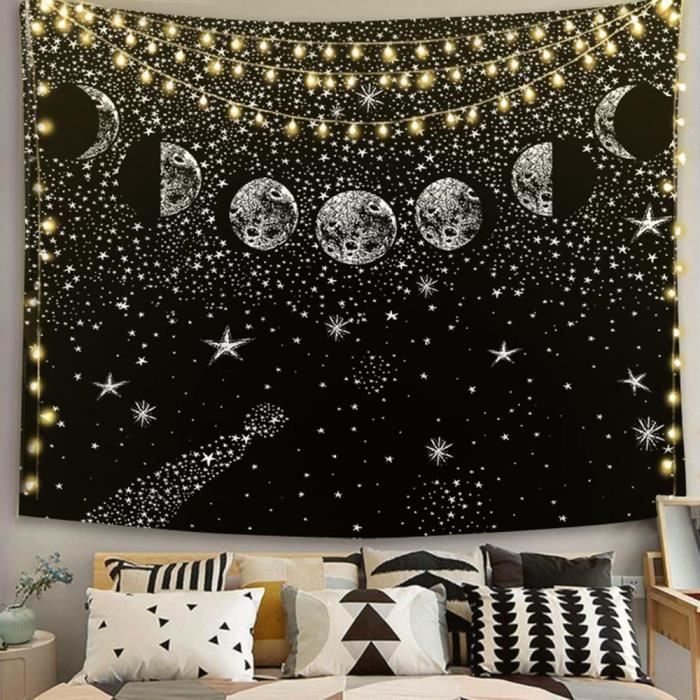 Grande Tenture Murale Mandala – Soleil Lune Et Hibou (Décoration Ethnique, Noir Et Blanc)