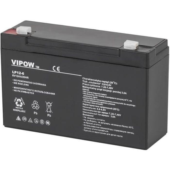 Batterie gel rechargeable 6V 12Ah Vipow sans entretien