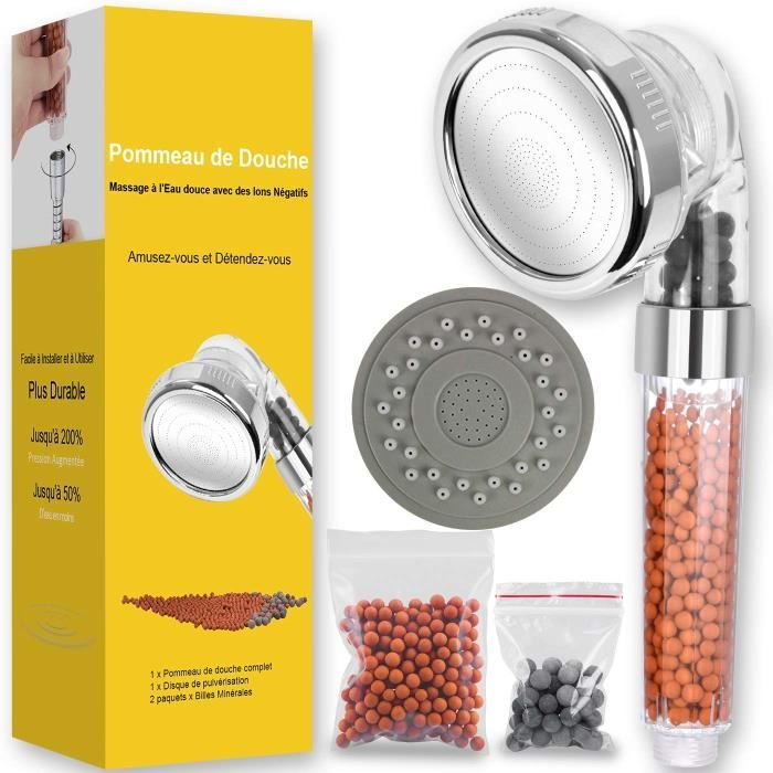 Orange Douche /à main Haute Pression Economie dEau Filter Pulv/érisateur avec Billes Minerales Ion Pommeau Douche Filtrant Vitamine C Filtre Douchette anti Calcaire Chlore