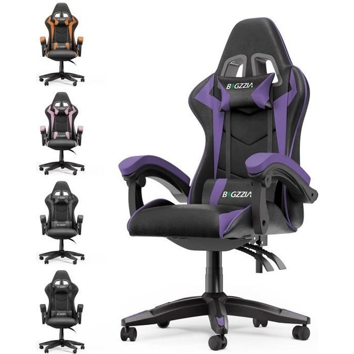 chaise gaming, fauteuil de bureau ergonomique, siège gaming pivotant, avec coussin et dossier, accoudoirs réglables, noir et violet